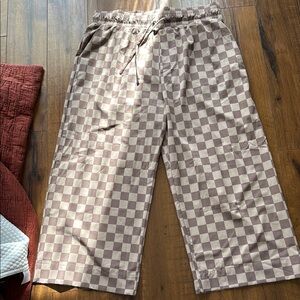 Albion Tan and White Track Joggers with Checkered Pattern